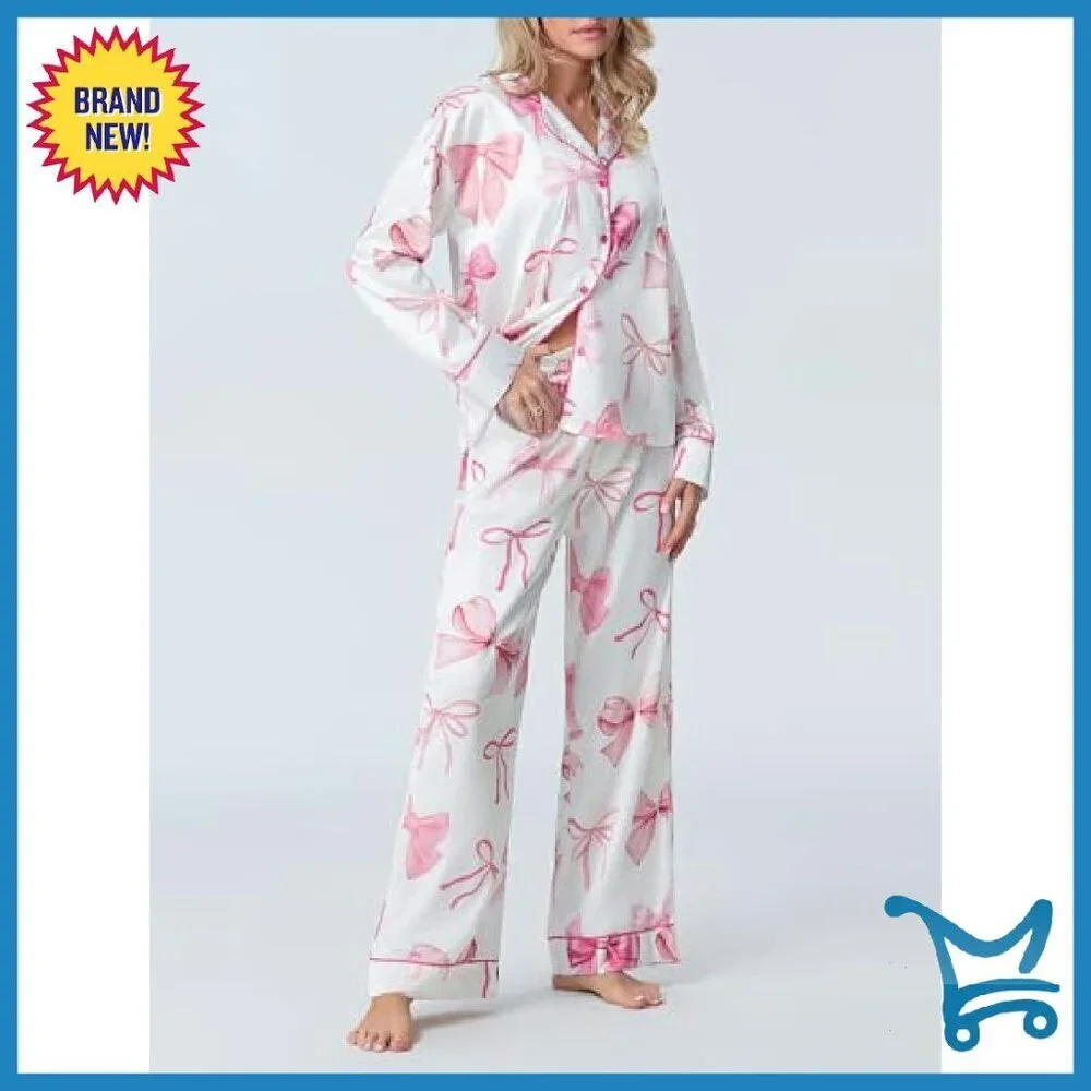 Silk Satin Pajama Set Long Sleeve Button Shirt Lounge Pants